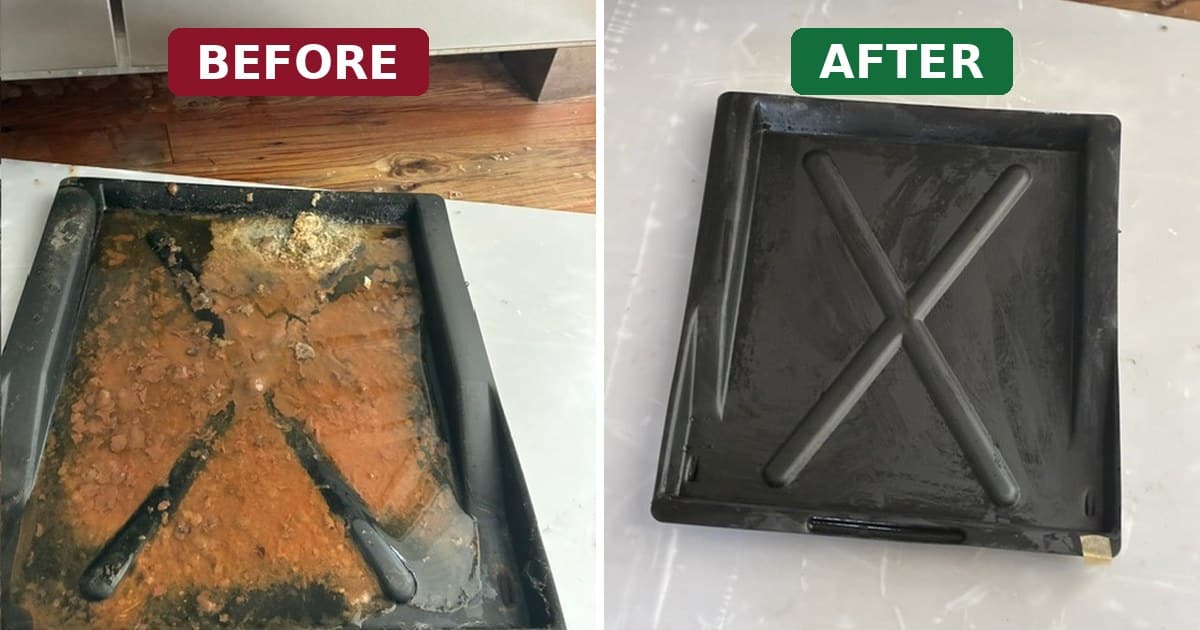 Before and after cleaning a dirty Sub-Zero refrigerator drain pan, rust-colored sludge on the left and a clean black pan on the right